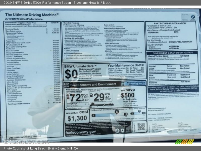  2019 5 Series 530e iPerformance Sedan Window Sticker