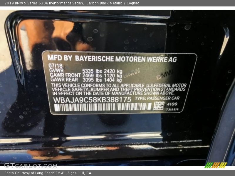 2019 5 Series 530e iPerformance Sedan Carbon Black Metallic Color Code 416