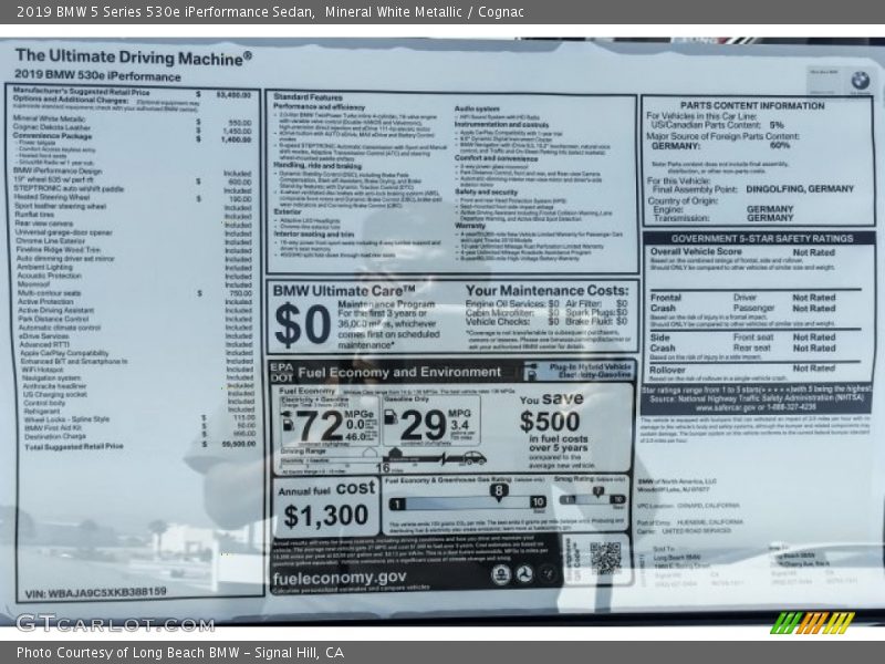  2019 5 Series 530e iPerformance Sedan Window Sticker