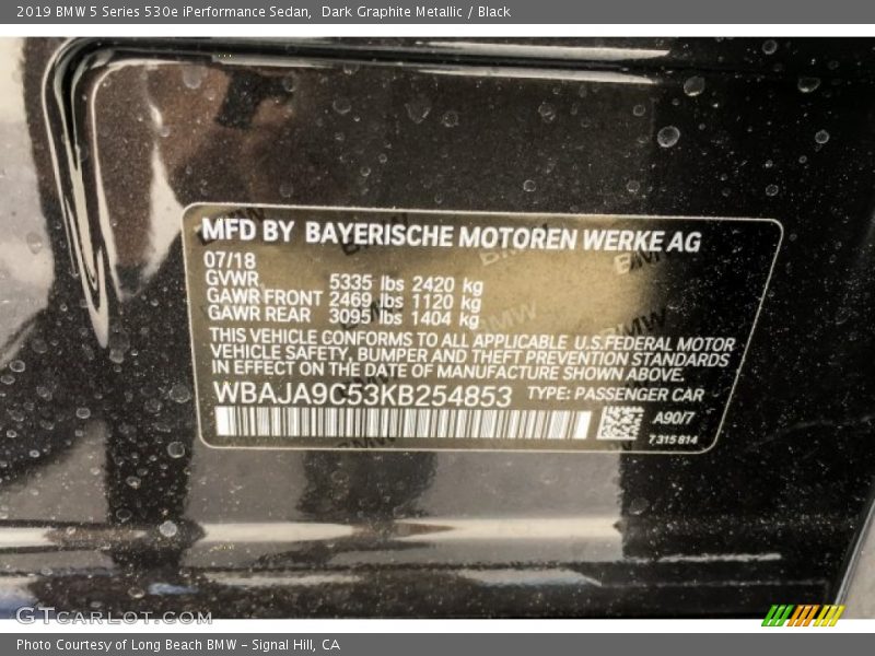 2019 5 Series 530e iPerformance Sedan Dark Graphite Metallic Color Code A90