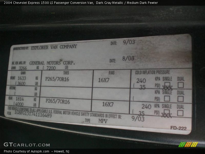 Dark Gray Metallic / Medium Dark Pewter 2004 Chevrolet Express 1500 LS Passenger Conversion Van
