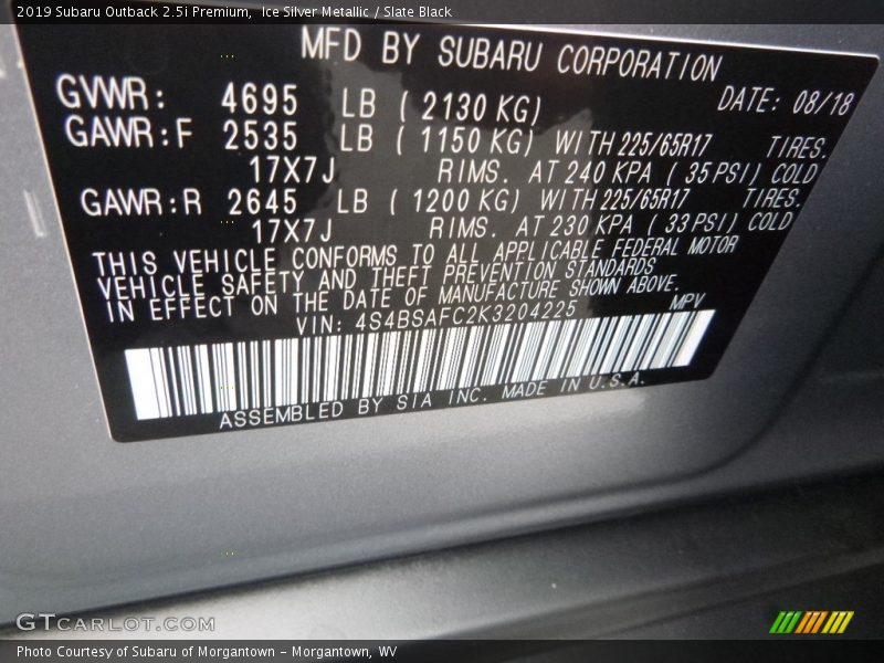 Ice Silver Metallic / Slate Black 2019 Subaru Outback 2.5i Premium
