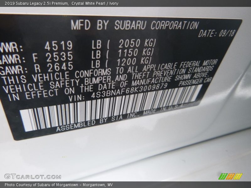 Crystal White Pearl / Ivory 2019 Subaru Legacy 2.5i Premium
