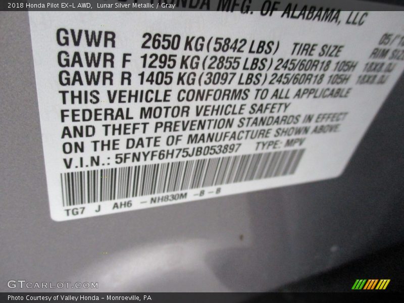 2018 Pilot EX-L AWD Lunar Silver Metallic Color Code NH830M
