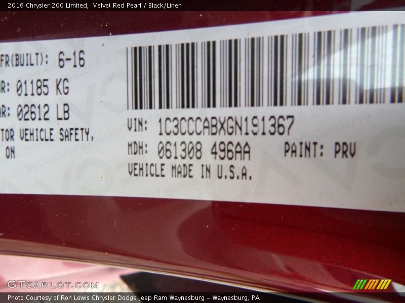 Velvet Red Pearl / Black/Linen 2016 Chrysler 200 Limited