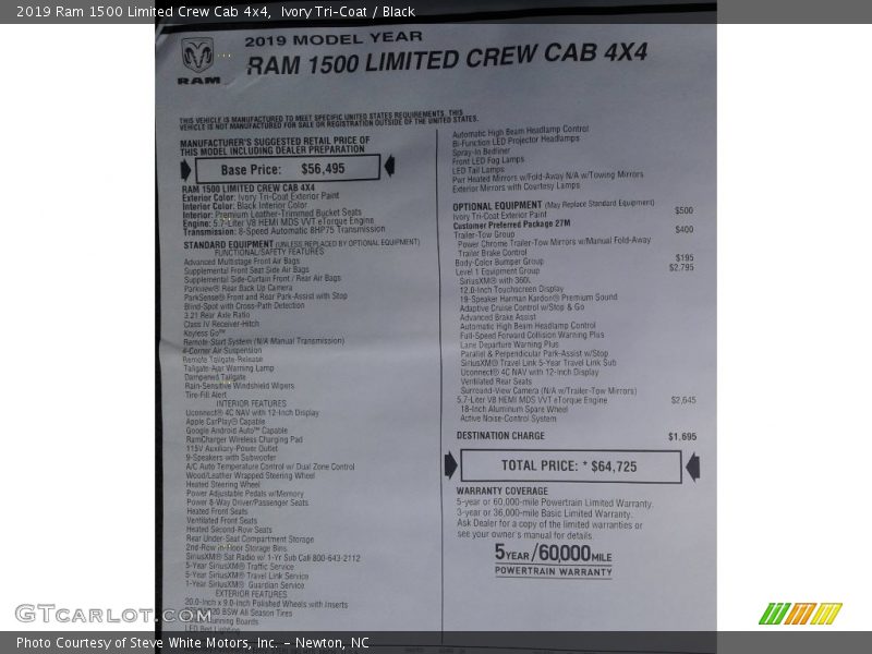 Ivory Tri–Coat / Black 2019 Ram 1500 Limited Crew Cab 4x4