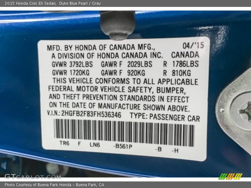 Dyno Blue Pearl / Gray 2015 Honda Civic EX Sedan