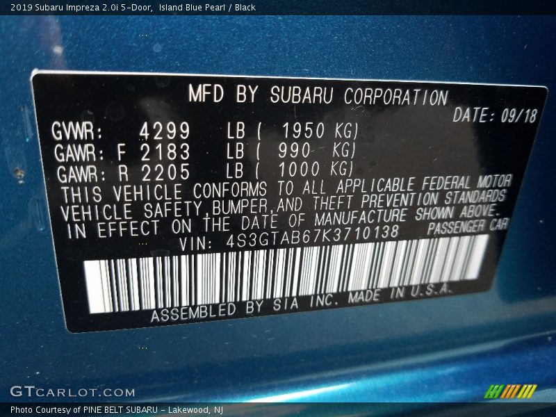 Island Blue Pearl / Black 2019 Subaru Impreza 2.0i 5-Door
