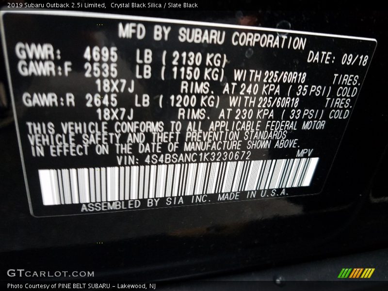 Crystal Black Silica / Slate Black 2019 Subaru Outback 2.5i Limited