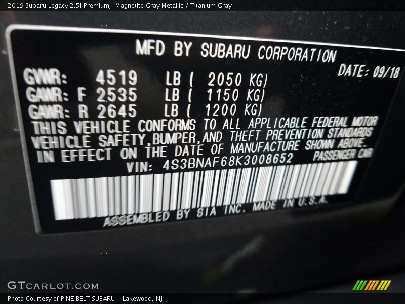 Magnetite Gray Metallic / Titanium Gray 2019 Subaru Legacy 2.5i Premium