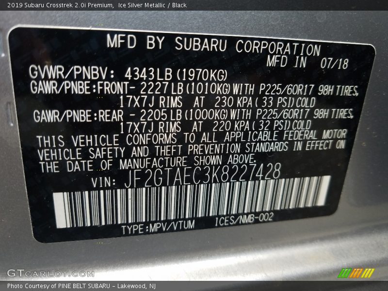 Ice Silver Metallic / Black 2019 Subaru Crosstrek 2.0i Premium