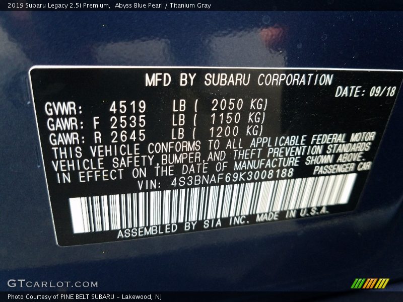 Abyss Blue Pearl / Titanium Gray 2019 Subaru Legacy 2.5i Premium
