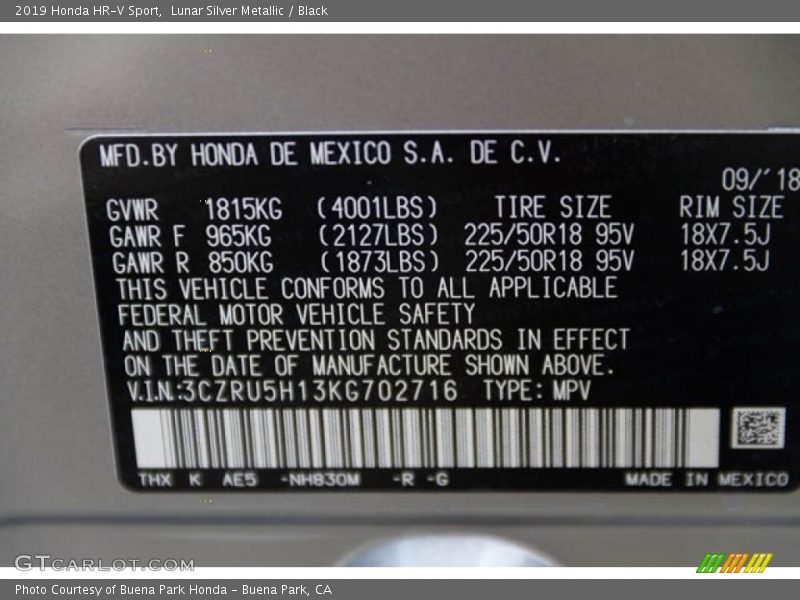 2019 HR-V Sport Lunar Silver Metallic Color Code NH830M