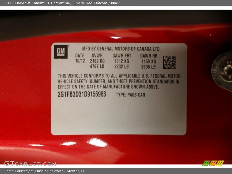Crystal Red Tintcoat / Black 2013 Chevrolet Camaro LT Convertible