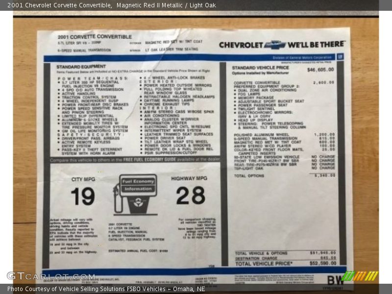 Magnetic Red II Metallic / Light Oak 2001 Chevrolet Corvette Convertible