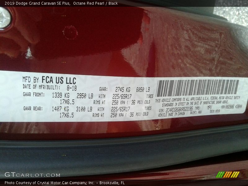 2019 Grand Caravan SE Plus Octane Red Pearl Color Code PRV