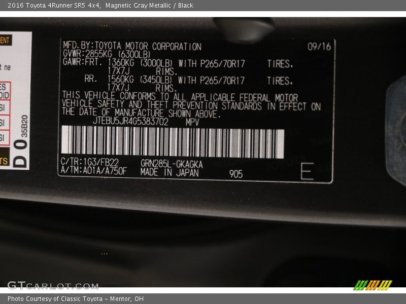 Magnetic Gray Metallic / Black 2016 Toyota 4Runner SR5 4x4