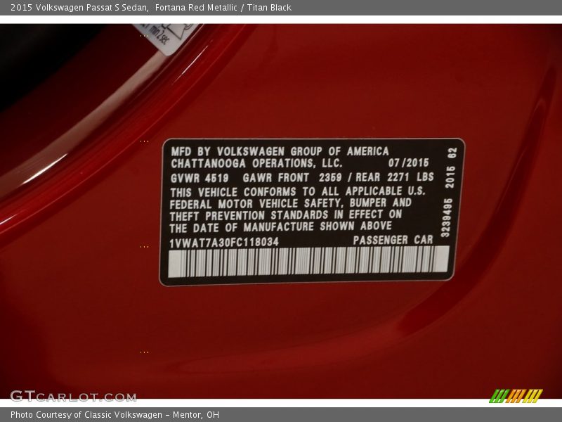 Fortana Red Metallic / Titan Black 2015 Volkswagen Passat S Sedan