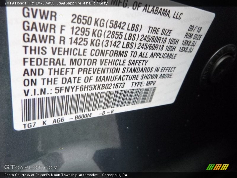 2019 Pilot EX-L AWD Steel Sapphire Metallic Color Code B600M