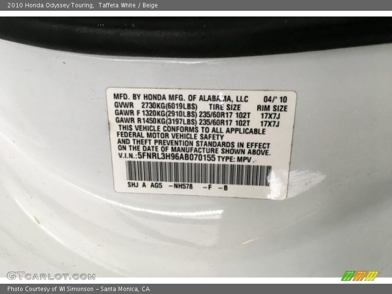 Taffeta White / Beige 2010 Honda Odyssey Touring