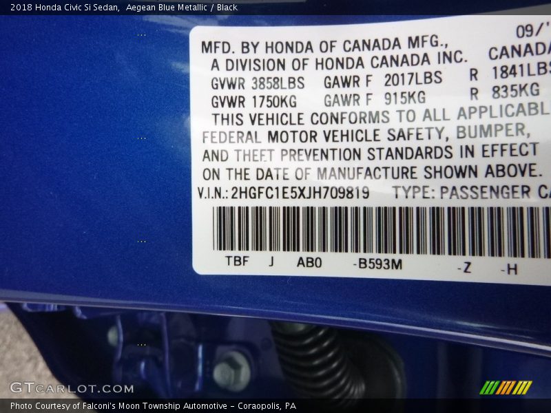 Aegean Blue Metallic / Black 2018 Honda Civic Si Sedan