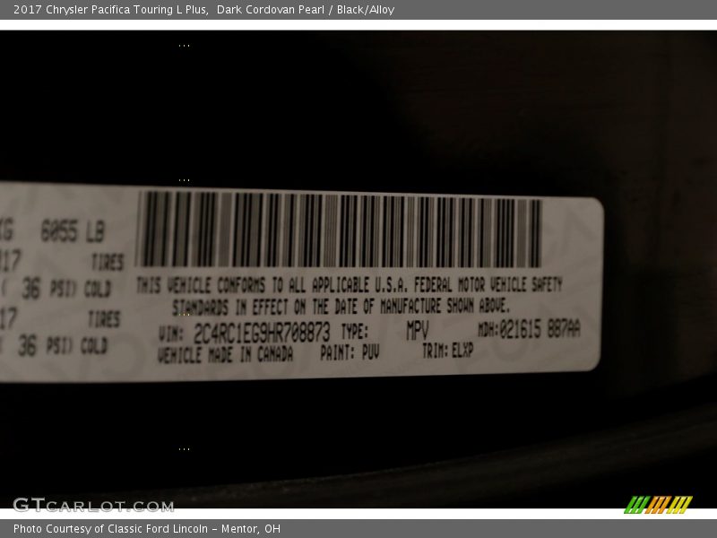 Dark Cordovan Pearl / Black/Alloy 2017 Chrysler Pacifica Touring L Plus