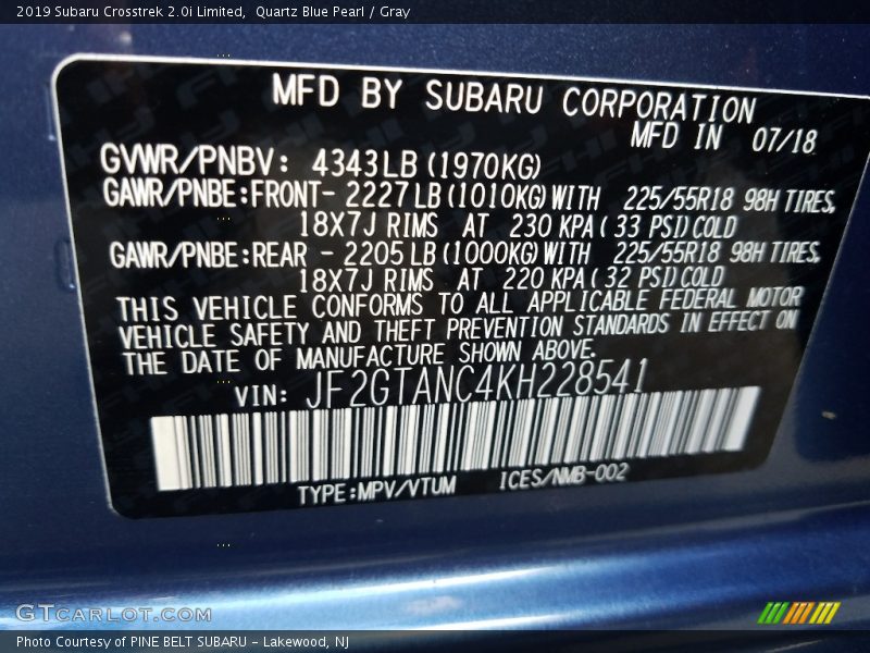 Quartz Blue Pearl / Gray 2019 Subaru Crosstrek 2.0i Limited