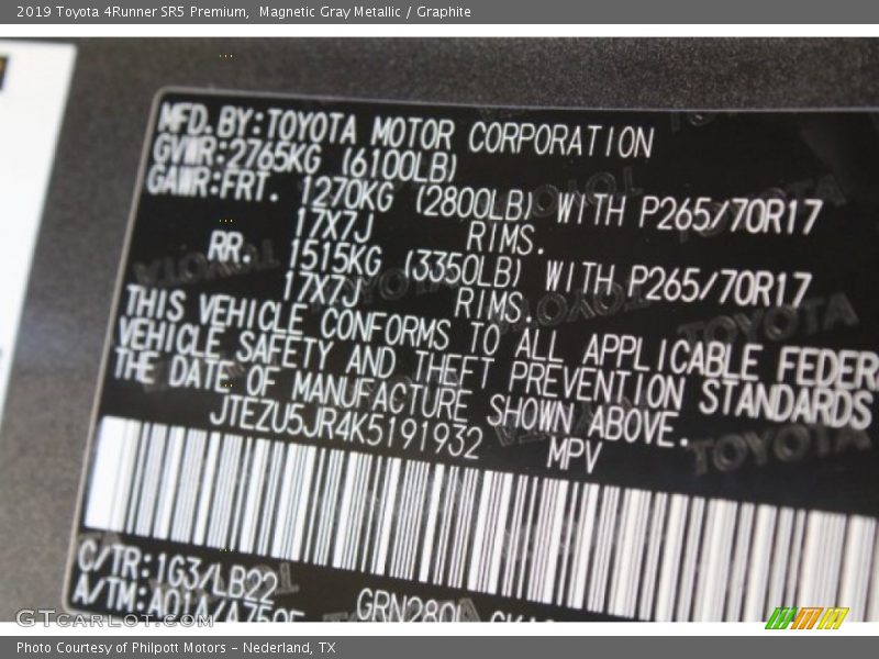 2019 4Runner SR5 Premium Magnetic Gray Metallic Color Code 1G3