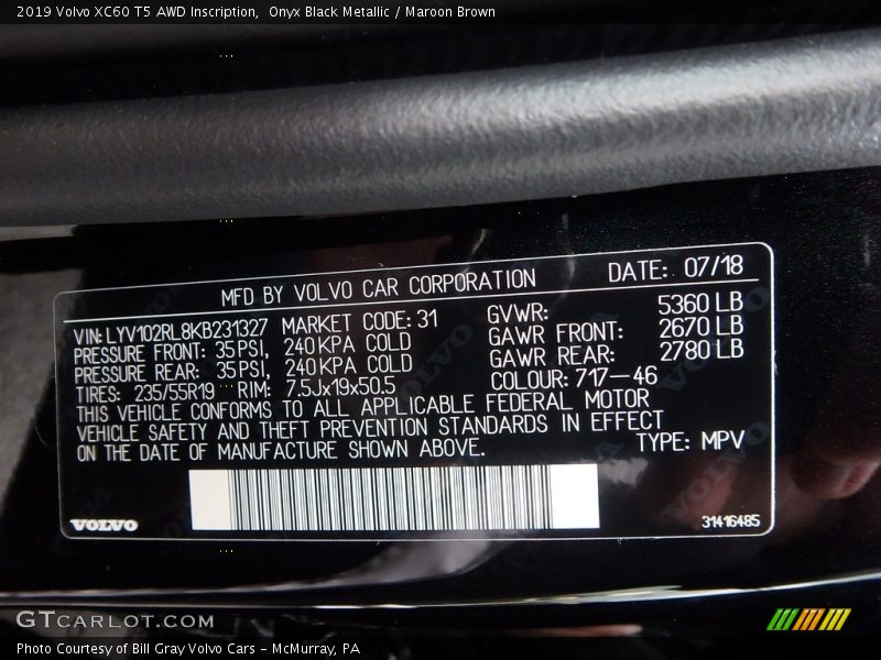Onyx Black Metallic / Maroon Brown 2019 Volvo XC60 T5 AWD Inscription