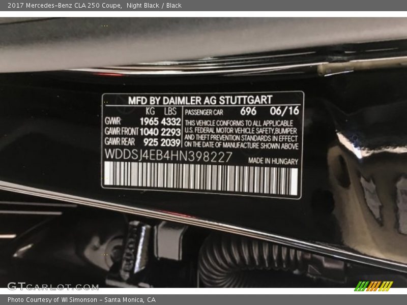 2017 CLA 250 Coupe Night Black Color Code 696