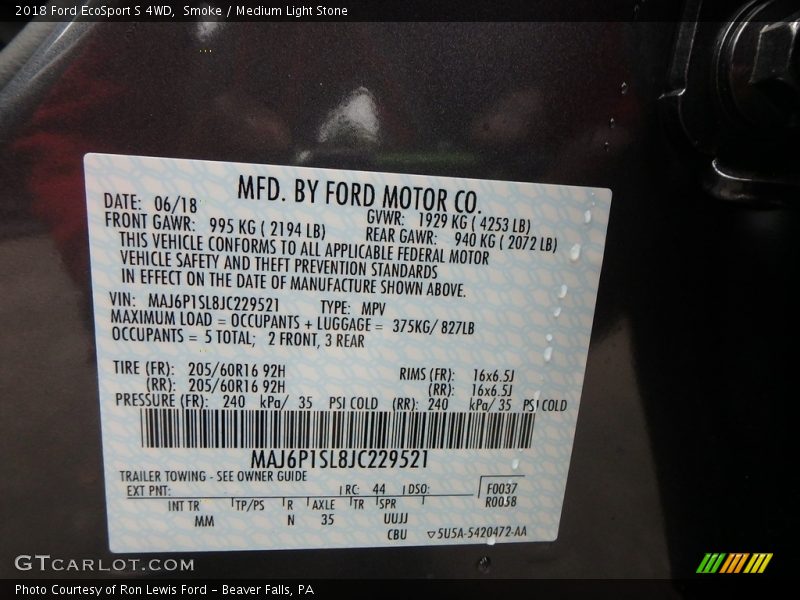 Smoke / Medium Light Stone 2018 Ford EcoSport S 4WD