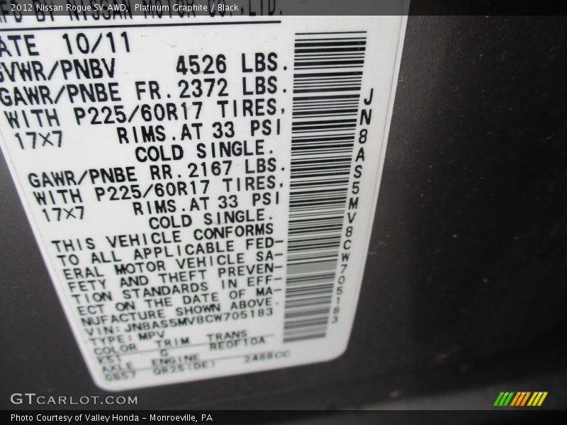 Platinum Graphite / Black 2012 Nissan Rogue SV AWD