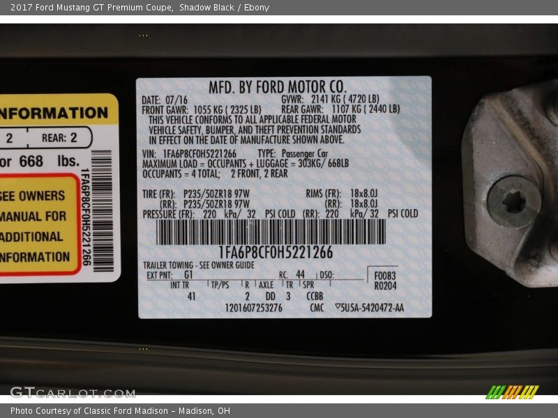 2017 Mustang GT Premium Coupe Shadow Black Color Code G1