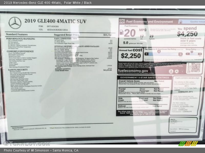  2019 GLE 400 4Matic Window Sticker