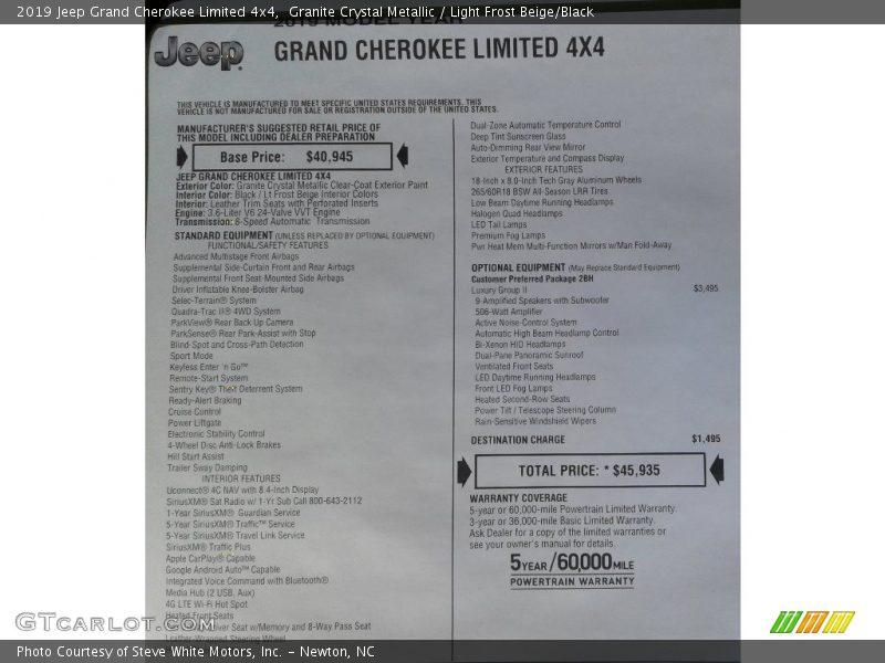  2019 Grand Cherokee Limited 4x4 Window Sticker