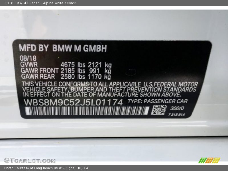 Alpine White / Black 2018 BMW M3 Sedan