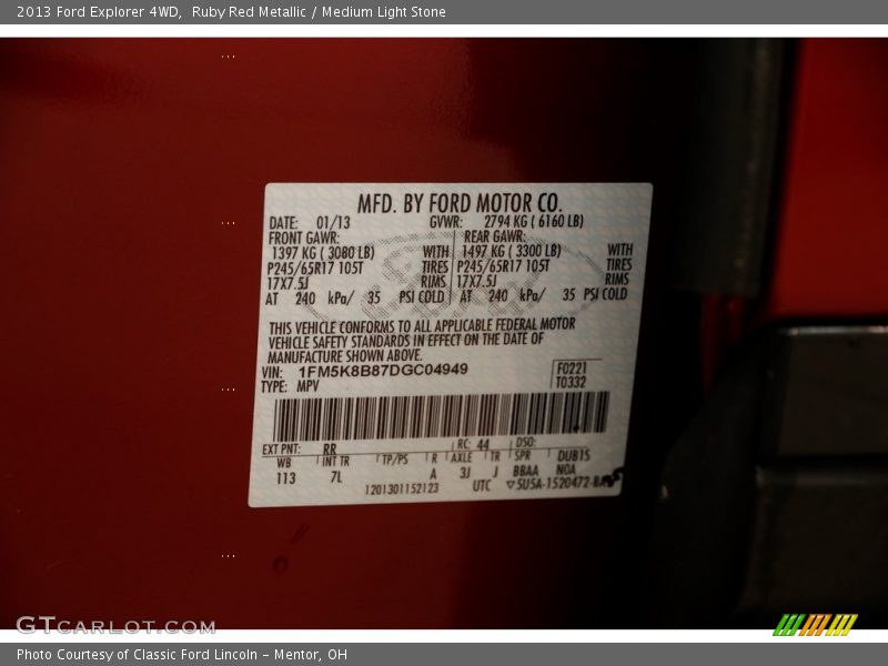 Ruby Red Metallic / Medium Light Stone 2013 Ford Explorer 4WD