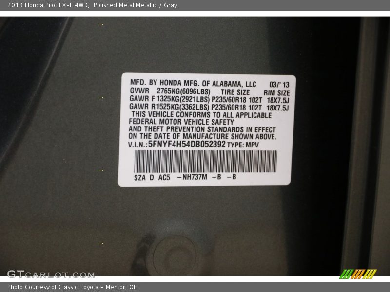 Polished Metal Metallic / Gray 2013 Honda Pilot EX-L 4WD
