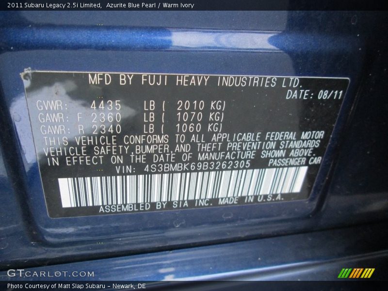 Azurite Blue Pearl / Warm Ivory 2011 Subaru Legacy 2.5i Limited