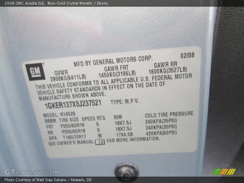 Blue-Gold Crystal Metallic / Ebony 2008 GMC Acadia SLE