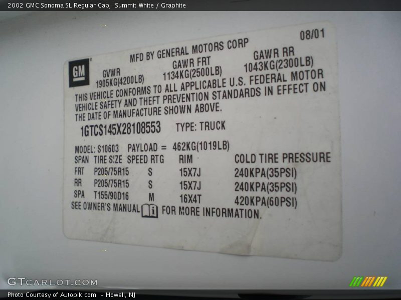 Summit White / Graphite 2002 GMC Sonoma SL Regular Cab