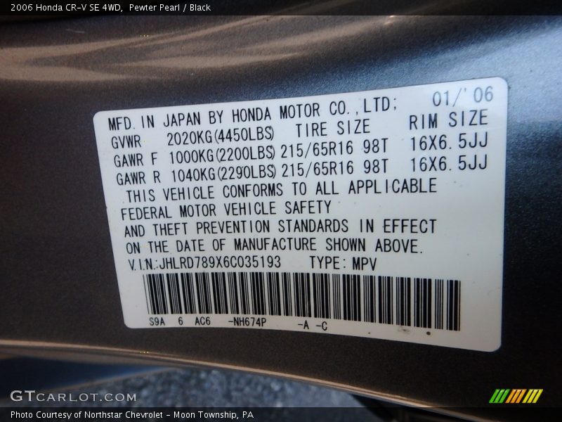 Pewter Pearl / Black 2006 Honda CR-V SE 4WD