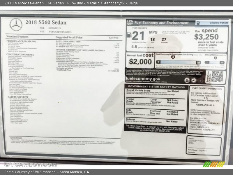  2018 S 560 Sedan Window Sticker