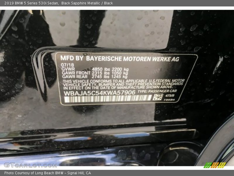 2019 5 Series 530i Sedan Black Sapphire Metallic Color Code 475