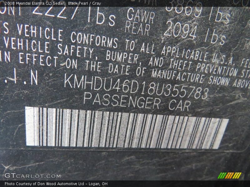 Black Pearl / Gray 2008 Hyundai Elantra GLS Sedan