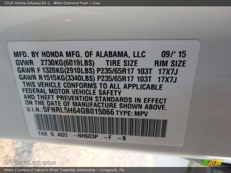 White Diamond Pearl / Gray 2016 Honda Odyssey EX-L