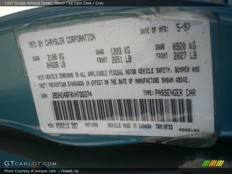Island Teal Satin Glow / Gray 1997 Dodge Intrepid Sedan