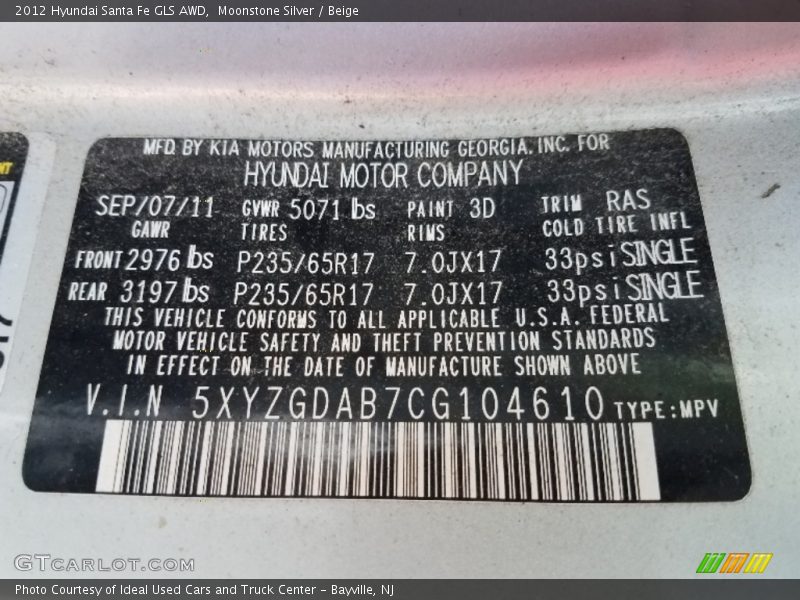 Moonstone Silver / Beige 2012 Hyundai Santa Fe GLS AWD