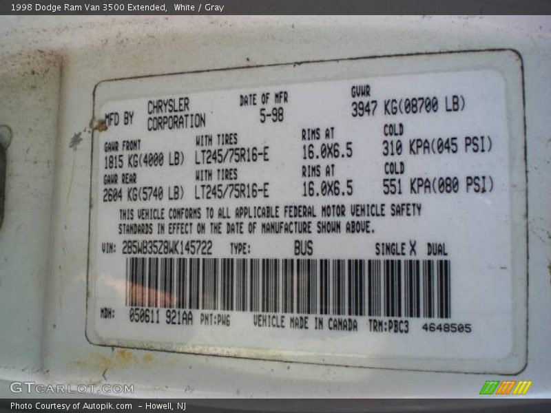 White / Gray 1998 Dodge Ram Van 3500 Extended