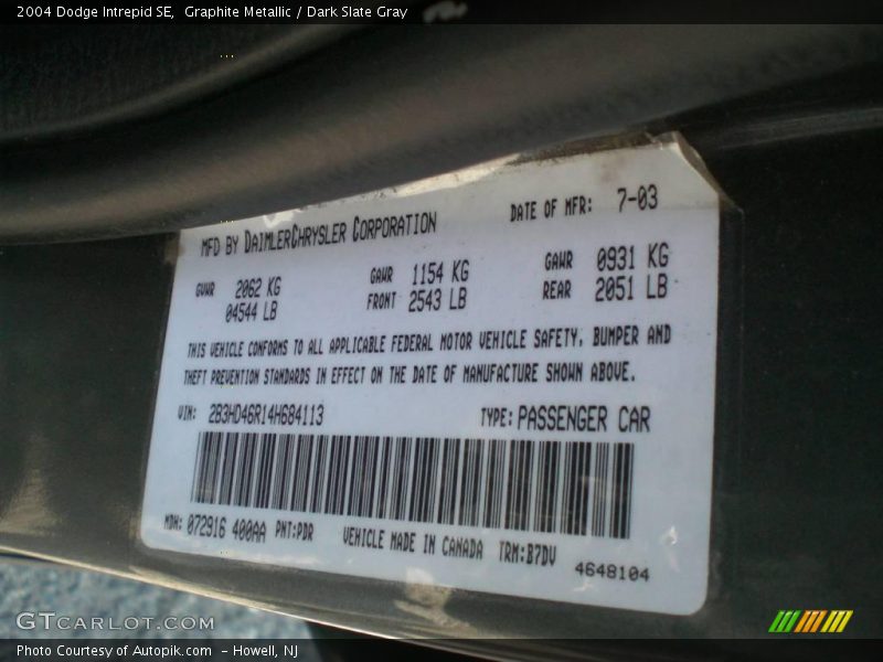 Graphite Metallic / Dark Slate Gray 2004 Dodge Intrepid SE
